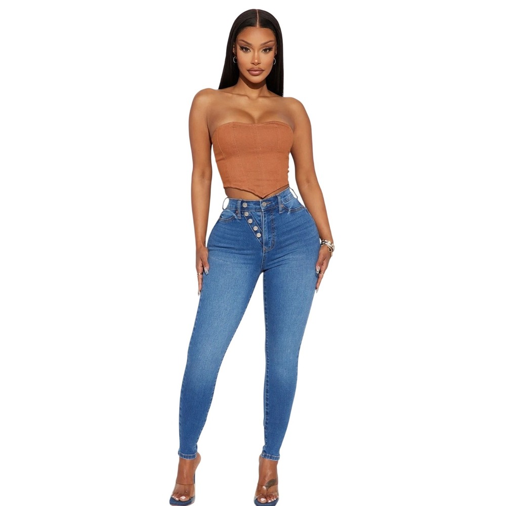 Fashion‎ Nova Asymmetric Button Fly High Rise Skinny Jeans Blue 13